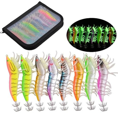 Leuchtende Tintenfisch Jigs Angeln Tintenfisch Köder Holz Tintenfisch Köder Angelköder Octopus Köder mit den leuchtenden Beinen für Salzwasser Angeln – 8 Stück/Tasche