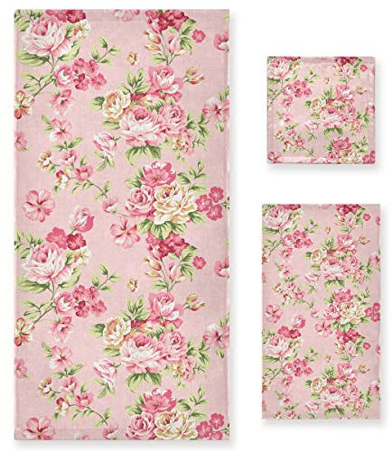 ALAZA Bath Towels Set of 3, Microfibre Towel Bathroom Linen Vintage Pink Rose Towels Set Gift with 1 Face Towel 1 Hand Towel 1 Bath Towel Sheet, Absorbent Bathroom Accessories
