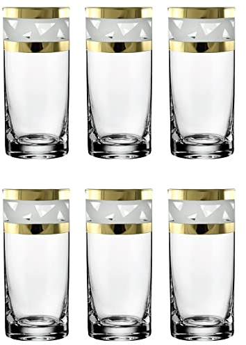 Highball Glasses Set of 6 with Gold Rim and Heavy Base/Tumbler Drinking Glasses Decorated with Unique Gold Ornament/Gift for Women, Men - 300ml (Golden Ice)