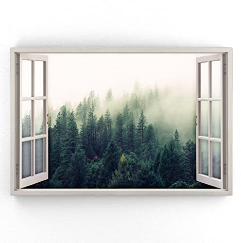 Estika - Leinwand Bilder Fensterblick - Wald, Nebel - 120x80 cm - 1 teilige Wandbilder, Bild auf Leinwand, Modern Deko für wohnzimmer schlafzimmer - Natur Landschafts bilder - 5974A_1B
