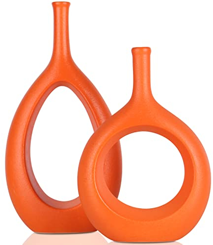 Lot de 2 vases en céramique Orange pour décoration de Style Minimaliste bohémien Moderne - Vases à Fleurs Parfaits pour Le Salon, Le Mariage, Le Bureau et la Chambre à Coucher