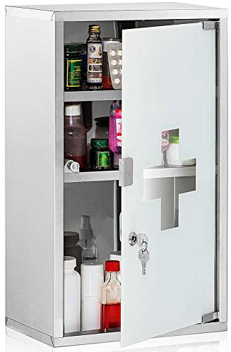 BAKAJI Armadio Armadietto Porta Medicinali Mobiletto a Parete Primo Soccorso in Acciaio Inox e Vetro Satinato Colore Silver Con Doppia Chiave di Sicurezza a Chiusura Magnetica (48.5x25x12 cm)