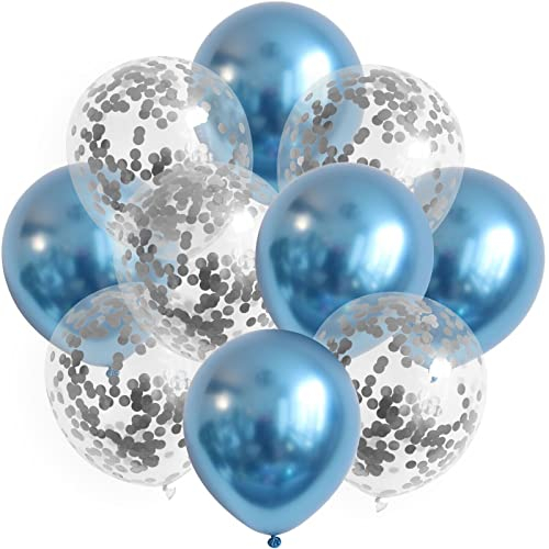 10x Luftballons Set Konfetti Blau Silber Metallic Ballons Geburtstag Deko Party