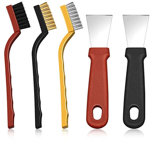 Wire Brush Set, Small Wire Brushes Multi-Purpose Brass Brush Nylon Brush with Metal Scraper Scratch Brush for Cleaning Vehicles, Wood, Grills, Cookers, Etc - Set of 5