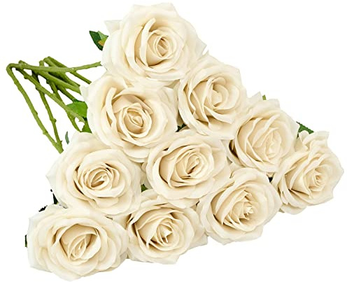 IUKnot Künstliche Rosen, offener Blumenstrauß, künstliche Rosenstiele für Hochzeitsarrangement, Brautstrauß, Tafelaufsatz, künstliche Seidenblumen, 10 Stück, beige
