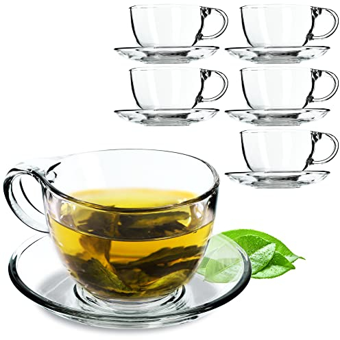 KADAX Tazza in vetro con sottovaso, 200 ml/250 ml, set di tazze in vetro trasparente, tazza da tè, tazza da caffè, tazze con piattino, tazza in vetro con sottobicchiere (lea/6 pezzi)