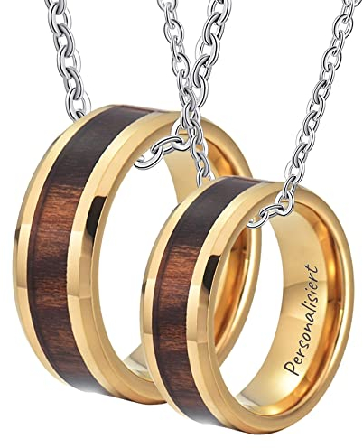 Partner Kette Anhänger 2 Stück, Wolfram Anhänger Ringe 8mm Holz Partner Ketten Anhänger Gold, Herrenkette 60cm, Damenkette 50cm, Größe 54 & 62