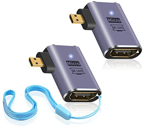 Duttek 90 Degree Micro HDMI to HDMI Adapter 8K, 48Gbps Left Angle Micro HDMI Male to HDMI Female Connector avec LED Design Support 8K@60Hz,4K@144Hz (2 Pack)