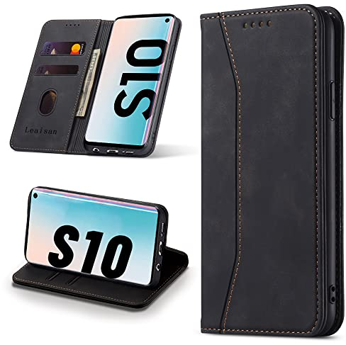 Leaisan Handyhülle für Samsung Galaxy S10 Hülle Premium Leder Flip Klappbare Stoßfeste Magnetische [Standfunktion] [Kartenfächern] Schutzhülle für Samsung Galaxy S10 Tasche - Schwarz