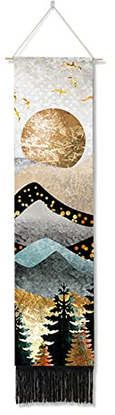 Ricemru Schmale Wandteppich Wald Baumkrone Berge Himmel Wandbehang Berggipfel Mond Vogel Nachthimmel Wandtuch Berglandschaft Wanddeko Tapestry Wandkunst Deko