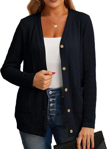 GRECERELLE Womens Cardigan Long Sleeve Lightweight Cardigans Button Down V Neck Ribbed Knit Outerwear Open Front Tops with Pocket for Ladies (Navy Blue, S)