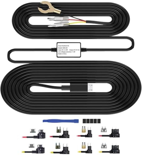 Mini USB & Type C Hardwire Kit avec Câble ACC, 3.5m/11.5 pieds 12V/30V à 5V/2A, 8 Tap Câble Porte Fusible avec Protection Basse Tension, 24h Mode Parking, Compatible avec les Autres Dashcam