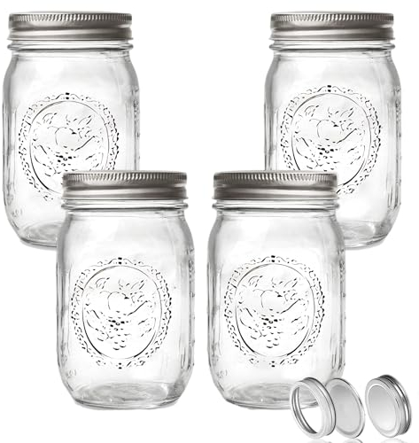 Shunshi 4 Pack Mason Jars with Lids,Glass Food Storage Jars with Silver Metal Airtight Lids for Homemade Food Preserving Jam Honey Yogurt Pickle Beans and Overnight Oats Canning Jars(450ml/15 oz)