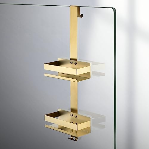 Hiendure Étagère de douche sur porte de douche, doré brossé, étagère de rangement à suspendre avec crochets sans perçage pour douche intérieure, salle de bain, chambre à coucher, cuisine