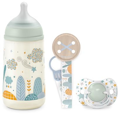 Suavinex, Pack Bebé Recién Nacido, Regalo Bebé con: Biberón Anticólico 270 ml de Flujo Medio (M) + Chupete 0/6 Meses + Chupetero de Tela. Para Bebés 0/6 Meses. Tetinas Sx Pro de Silicona, Dreams Verde