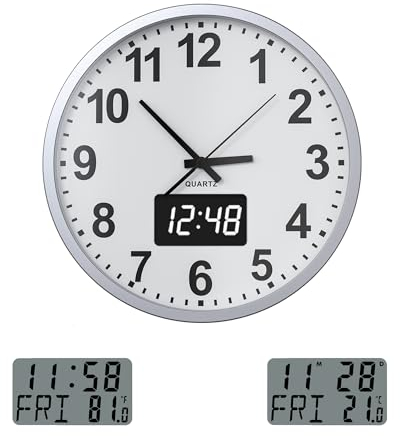 KWANWA Moderne Wanduhr ohne Tickgeräusche • Digitale LCD/LED-Anzeige • Kalender & Temperatur • Batteriebetrieb • 30,5cm • 12h Format,Perfekt für Küche, Schlafzimmer & Büro