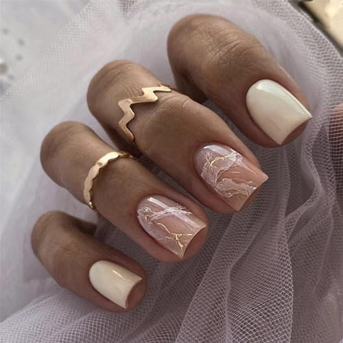 24pcs Short Square False Nails White Stick on Nails Marble Press on Nails Removable Glue-on Nails Fake Nails Acrylic Full Cover Nails Women Girls Nail Art Accessories