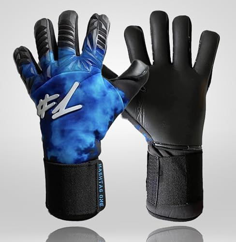 #1 Hashtag One Profi Grip Torwarthandschuhe für Erwachsene und Kinder, Fußballhandschuhe Herren, Diverse Größe und Farben (5, Blau Schwarz)