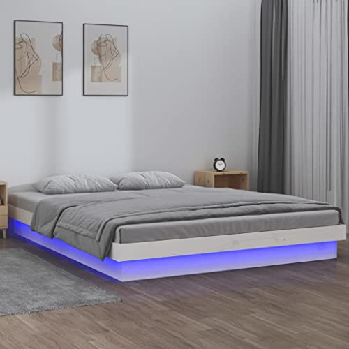 Festnight Bett 120x200 cm mit LED Beleuchtung Holzbett Weiß Massivholzbett Bettrahmen Holz Jugendbett Bettgestell mit Lattenrost Einzelbett Doppelbett