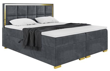 MEBLINI Boxspringbett mit Bettkasten - Gepolstert Doppelbett mit Matratze und Topper - Polsterbett mit Stauraum - Bett mit Kopfteil - Stauraumbett - Dani Gold - 200x220 - H3/Dunkelgrau Samt