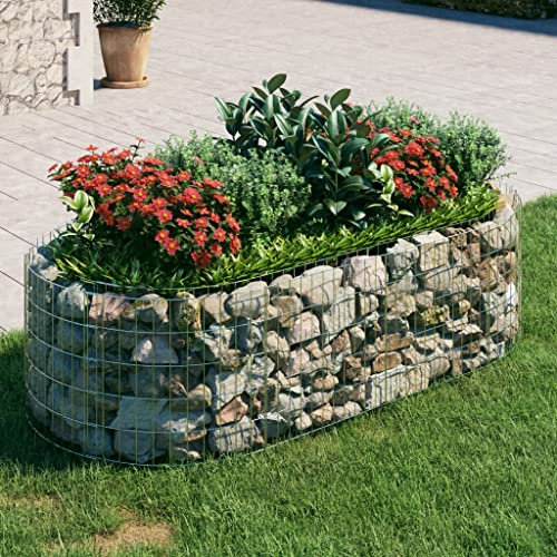 Baziroo Fioriera rialzata per gabbioni, in ferro zincato, 200 x 100 x 50 cm, colore argento, fioriera da giardino, in pietra, per giardino, in pietra, per gabbioni rialzate, in metallo