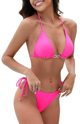 Evolyline Ensemble bikini brésilien pour femme - Push Up sexy - String triangle classique - Tanga - Taille basse - Maillot de bain 2 pièces, 1 - Rose, M
