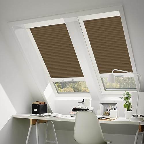 Moonice Kabellos Dachfensterrollos Lichtdurchlässig Thermo Wabenplissee Sonnenschutz Fensterrollos für die Decke Maßgefertigte Rollos für schräge Fenster - Sondergrößen (Braun)