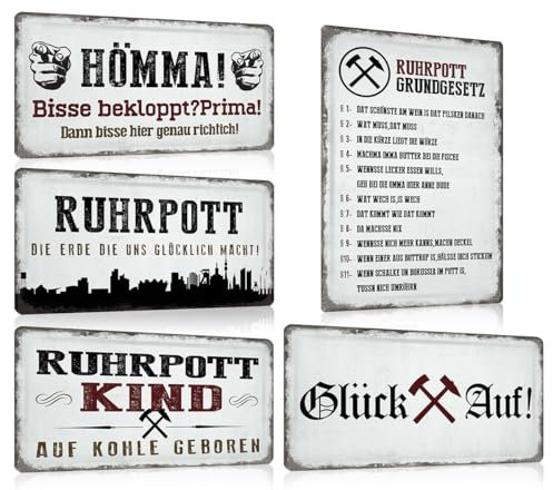 5er Set Ruhrpott Blechschilder 20x30cm - Retro Metallschilder mit Sprüchen Lustig - Ruhrpott Grundgesetz - Glück auf - Hömma - Witzige Humor Deko Schild Geschenk für Ruhrgebietsbewohner