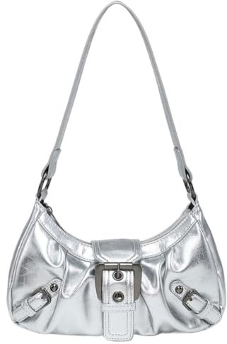 CRGANGZY Damen-Umhängetasche, Y2K-PU-Leder, Hobo-Tasche, plissierte Unterarm-Geldbörse, Magnetverschluss, Reißverschluss, Clutch, Geldbörse, Reise-Pendlertasche (Silber)
