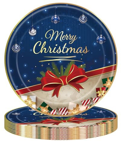 16PCS Christmas Paper Plates 23cm/9 Inch Navy Blue Xmas Round Dinner Tableware for Birthday, BBQs, Christmas, Picnic, Kids Shower Party Supplies