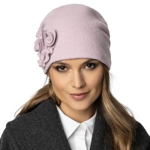 Vivisence Wintermütze Für Damen Elegante Warme Beanie Mütze Frauen Schurwolle Mit Handgestickter Blumenapplikation Antistatischem Effekt Ideal Für Kalte Wintertage, Model 7076, Puderrosa,Einheitsgröße