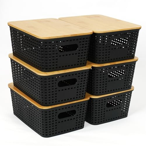 UHAPEER Aufbewahrungsbox mit Bambus Deckel, 6 Stücke Aufbewahrungskorb, Kunststoff Korb Aufbewahrung, Kitchen Organizer Schwarz, Stapelbare Aufbewahrungsboxen, Kiste mit Deckel 25.6 x 18 x 10.7 cm