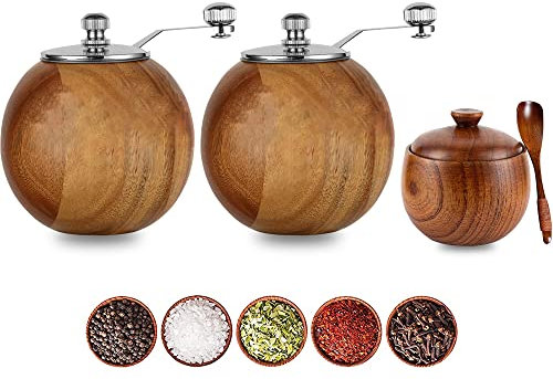 Wooden Ball Shaped Pepper and Salt Grinder Set with Adjustable Ceramic Rotor for Kitchen Refillable Salt and Pepper Mill Combo 2 Pack (Brown)