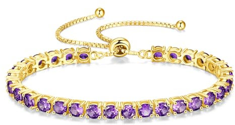 FANCIME 14K Vergoldet Armbnad Damen Tennis Armband mit Synthetisch Amethyst, 925 Sterling Silber Verstellbares Glitzer Tennis Armband Schmuck Geschenke für Damen Frauen Freundin Ehefrau Mutter