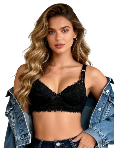 ohmydear Spitzen BH Damen mit Bügel Vollschalen Große Größen | ohne Polster, Klassisch, Komfort T-Shirt BH, Schwarz & Weiß