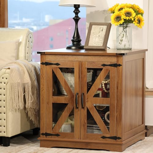 BEROXII Nachttisch im Landhausstil aus Holz, 61 cm, quadratischer Nachttisch mit verstellbarem Regal, Scheunentür, für Wohnzimmer, Schlafzimmer (Braun Wird Sein)