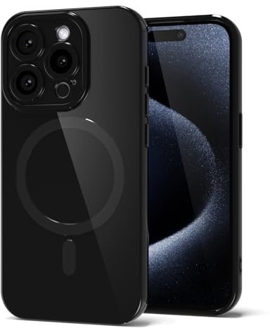 Svanove for iPhone 15 Pro Phone Case Silicone Magnetic, Compatible with Magsafe Case Cute for Women, Girly Glossy Jelly Rubber Thin Slim Hard Plastic Mag Safe & Camera Cover Protection, Black