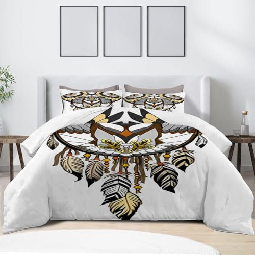 Single Duvet Cover Set, Dream Catcher,Feather,Owl Pattern, Reversible Duvet Cover Sets Single, Quilt Covers with Zip Fastening, Non-Iron Easycare Bedding Set, Soft Microfibre, White, Brown