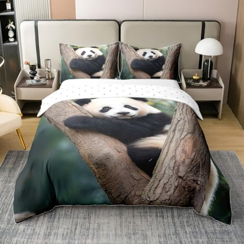 100% Baumwolle Panda Tröster Abdeckung 135x200,3D Panda Bettdeckenbezug Reversibel für Kinder Erwachsene,Schöne Wilde Safari Bär Tier Bettwäsche Set,Baum Zweige Wildlife Bettbezug Zimmer Dekor