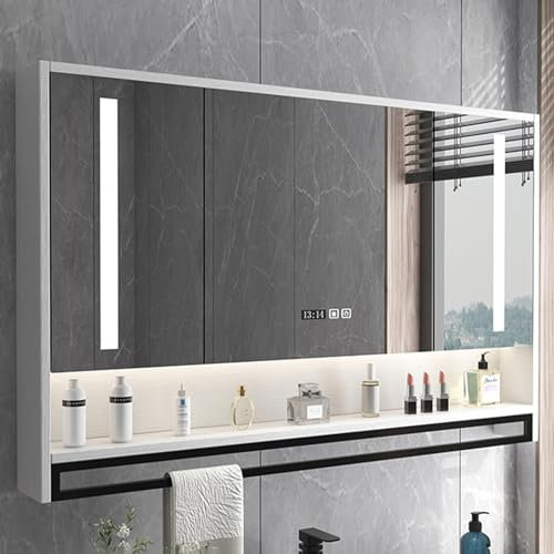 Moderner weißer Badezimmerschrank mit LED-Beleuchtung, Wandmontage, Aufbewahrungsschrank mit 3 Drehtüren, Demisting-Funktion und Handtuchhalter, 90 x 75 x 12 cm