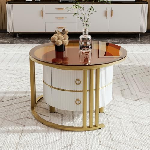 LANTRO JS Couchtisch Rund, Satztisch 2er Set, Couchtisch mit Stauraum, Wohnzimmertisch, 70 * 70 * 45 und 50 * 50 * 40cm (Weiß und braun)
