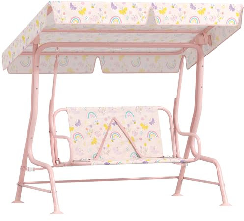 AIYAPLAY Kinder Hollywoodschaukel 2-Sitzer Kinderschaukel mit verstellbarem Sonnendach, Sicherheitsgurt Gartenschaukel für 3-6 Jahre Kinder Rosa 110 x 74 x 113 cm