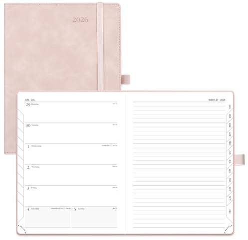 POPRUN Terminplaner A5 Wochenansicht 2026 PU Leder Softcover Terminkalender 22 x 16,5 cm - 26 Wochenplaner & Notizbuch in einem, Innentasche, Monatstabe (Soft Pink)