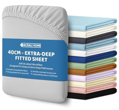 ACRALI HOME Microfiber Super King Fitted Sheet 40cm Extra Deep Fit Pocket - Breathable, Soft & Easy Care Silver Bed Sheet - Wrinkle Free & Fade Resistant (200x180cm)
