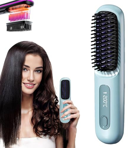 Tragbare BüRste GläTten, Locken, Trocknen - HaargläTter BüRste Kabellos 160°C-200°C Mit Led Anzeige Und 3 Temperatureinstellung, Haarpflege Mit Keramikbeschichtung (D) (Blau)