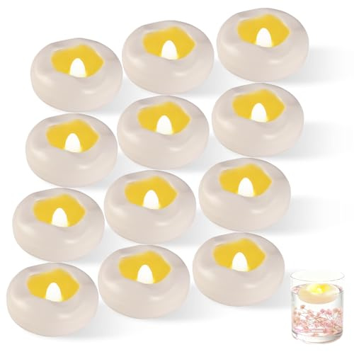 Bubuny 12 Stück LED Schwimmkerzen Wasserdicht Flammenlose Teelichter Kerzen Einschalten bei Wasserkontakt, Warmweiß, Batteriebetrieben Schwimmende Teelichter für Hochzeit, Pool, Bad, Tischdeko