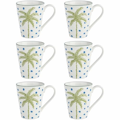 superyes Ceramic Palm Tree Coffee Mug Set of 6, White with Blue Dots and Green Palm Design, Decorative Tea Cup 320 ml / 12 oz