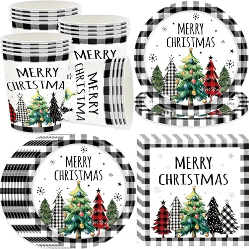 pekifaves Weihnachten Partygeschirr Set für 16 Gäste, Papier Teller Servietten Tassen, Geschirr Pappteller Weihnachtsbaum Weihnachtsteller Weihnachtsdeko, Merry Christmas