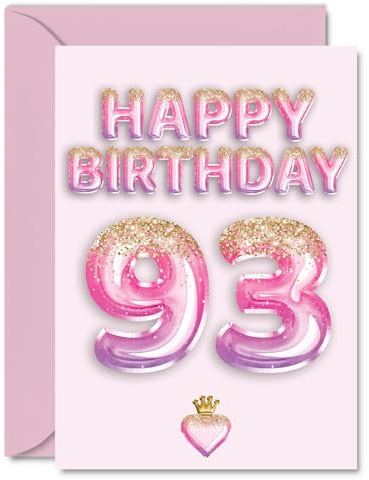 93rd Birthday Cards for Women and Men, Pink & Purple Glitter Balloons | Happy Birthday Card for 93 Year Old Man Woman Husband Dad Wife Uncle, A5 Bday Greeting Cards
