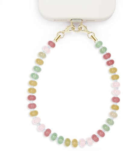 Posadina Handykette aus Naturstein, Handmade kurzer Handyanhänger mit Perlen, Beaded Handyband Phone Charm mit passgenauer Lasche